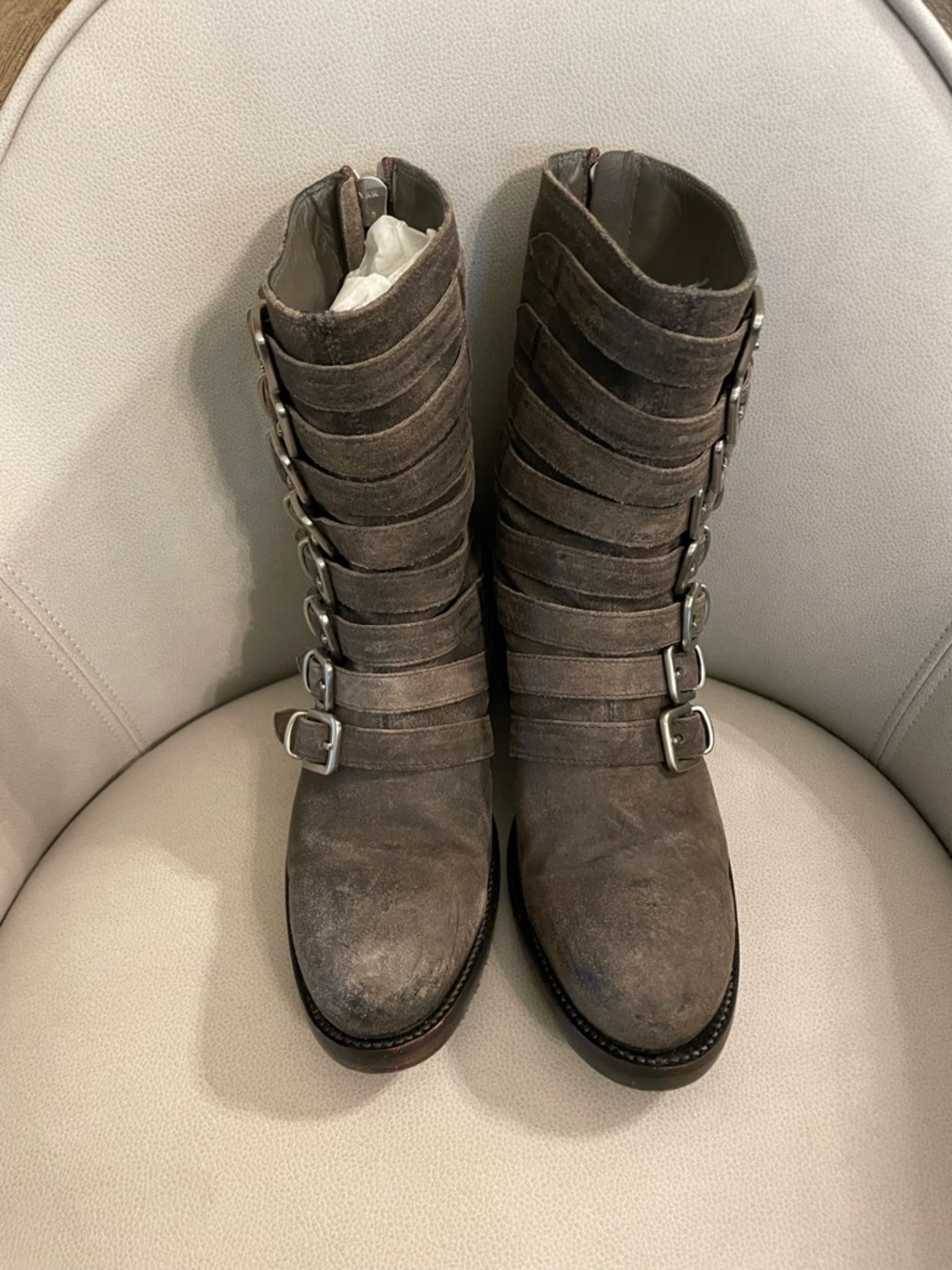 Rocco P. Gray Distressed Suede Combat Boots With Buckle Straps View 6